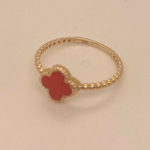 14K Yellow Gold red enamel beaded clover ring - Picture 3 of 7